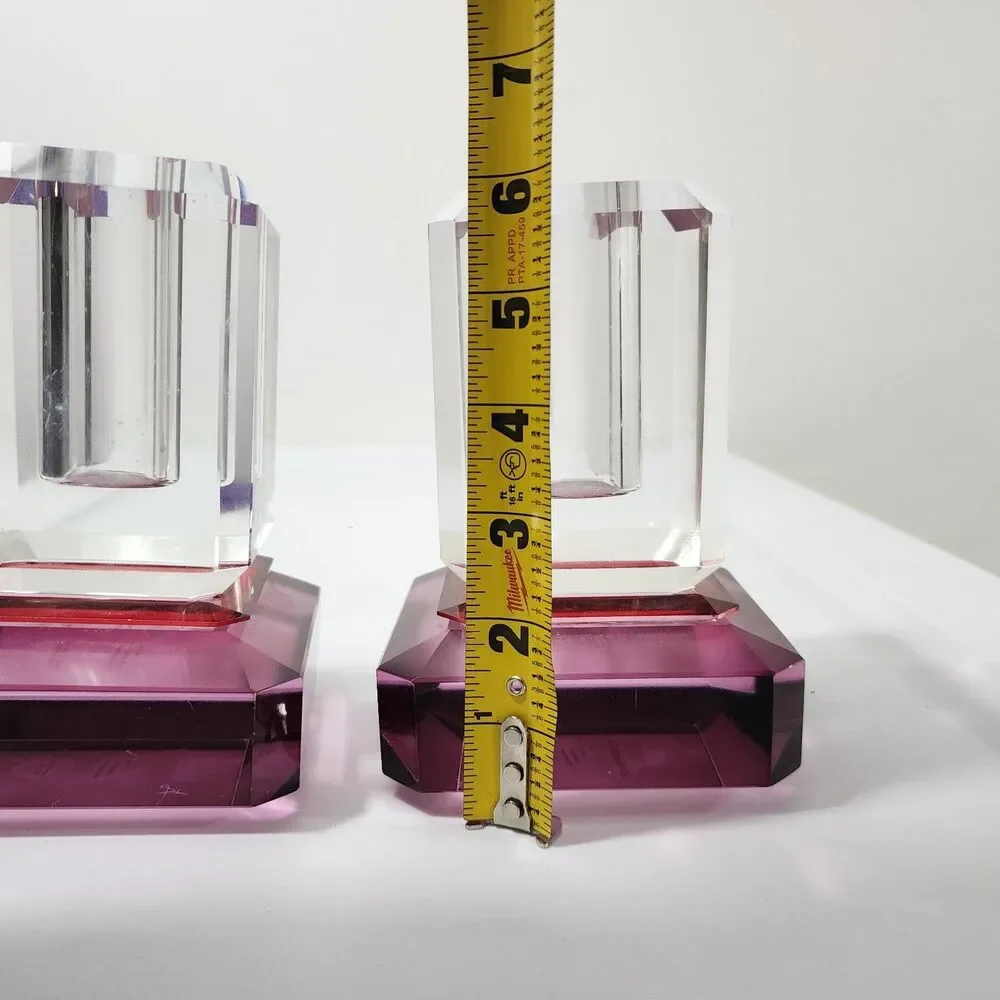 Anthropologie Crystal Cut Glass Vase Clear Pink 2Pc Set Stacked Footed Square